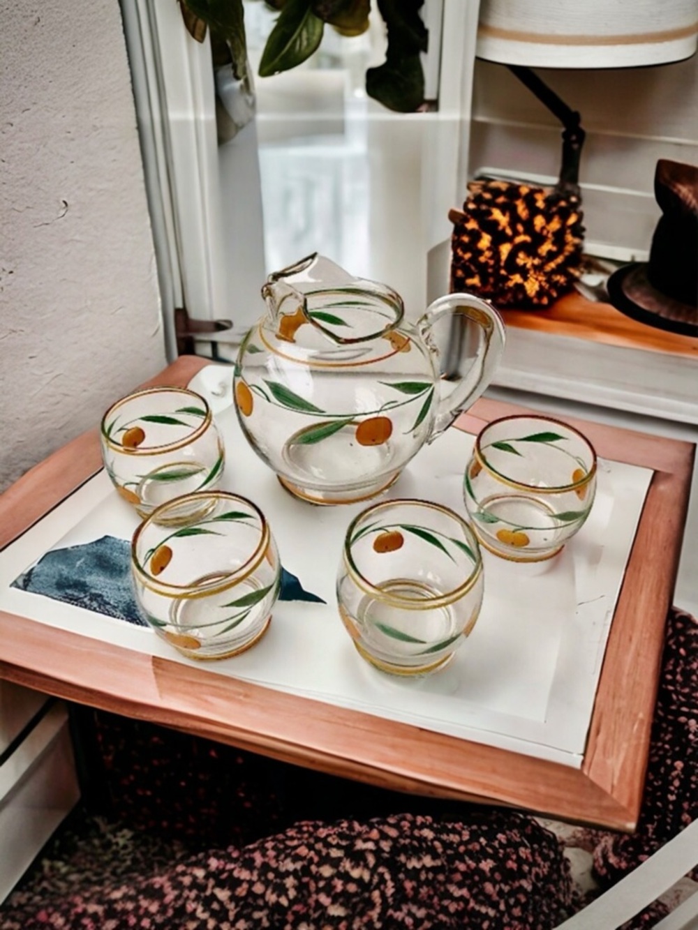 Vintage Glass Pitcher with 4 Orange Juice  Glasses